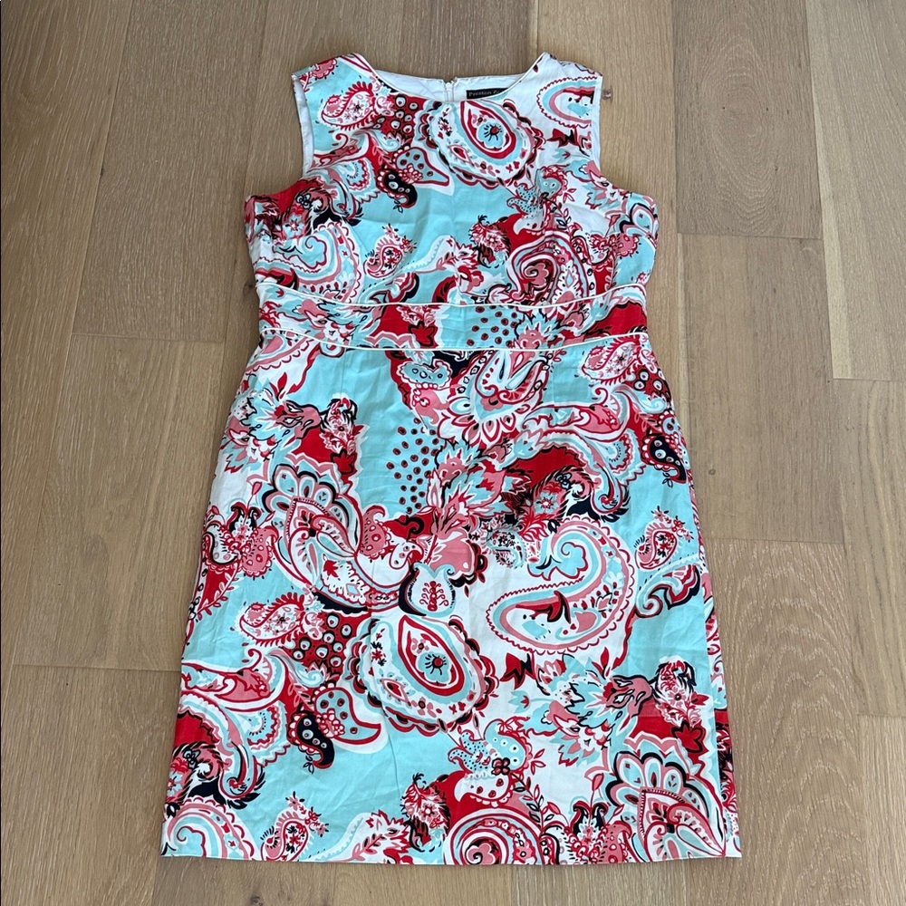 Preston & York White Dress with Aqua and Red Paisley Motif